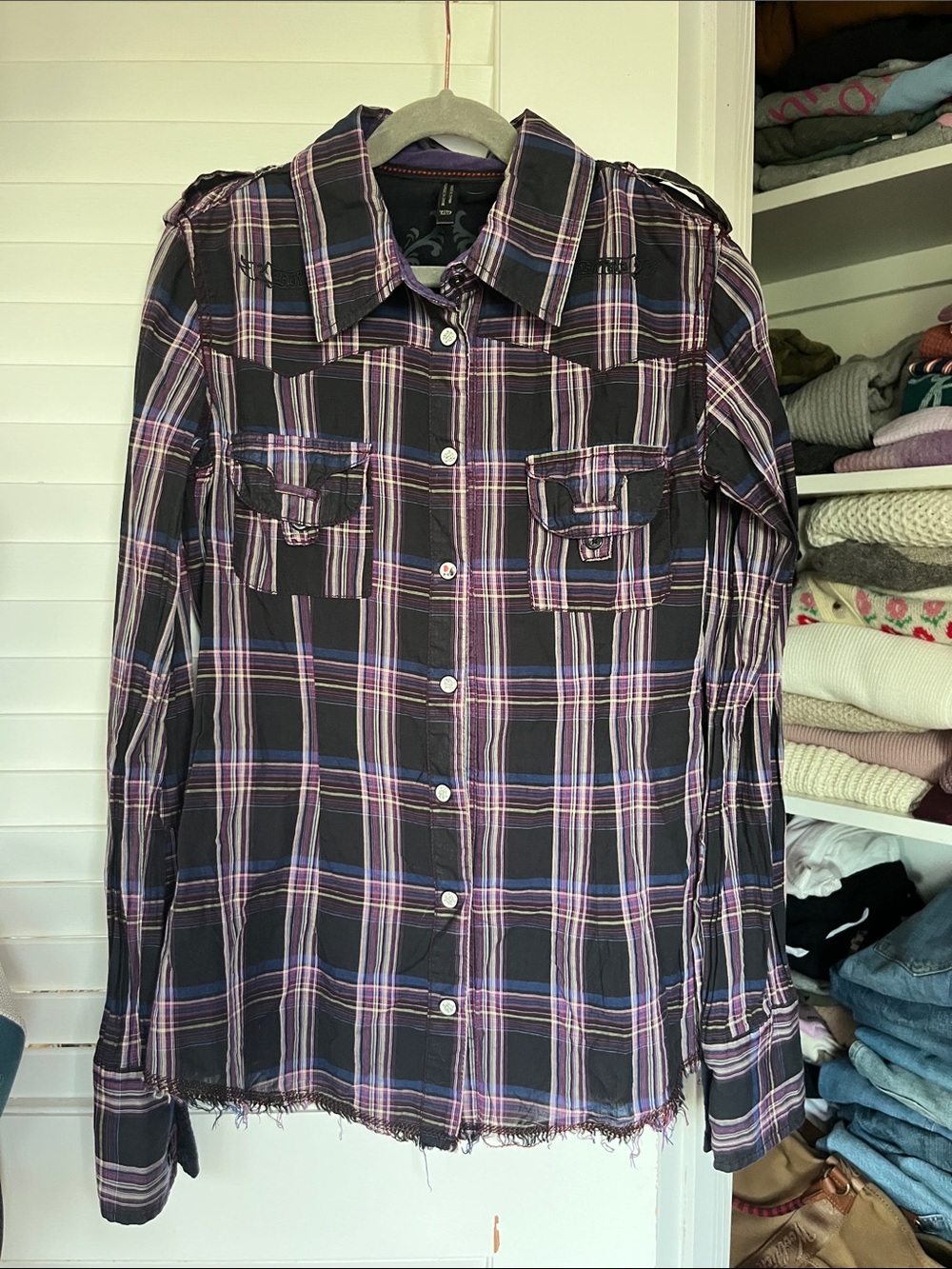 Buffalo David Bitton Black Plaid Button-Down Shirt with Purple and Pink Stripes